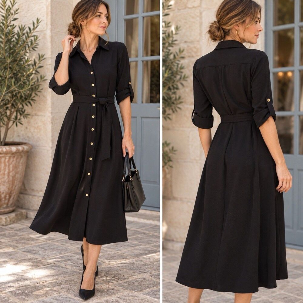 Sharagano Black Shirt Dress Size 6 Button Front Tie Waist Roll Tab Sleeve Midi